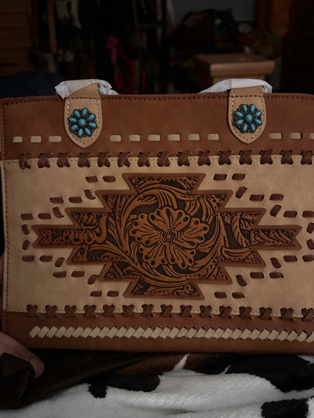 Western Tooled Leather Tote Handbag in Brown and Cream